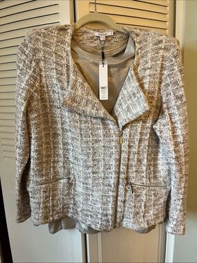 Chico's Taupe and Cream Tweed Zip Jacket and Matching Tee - Size 3